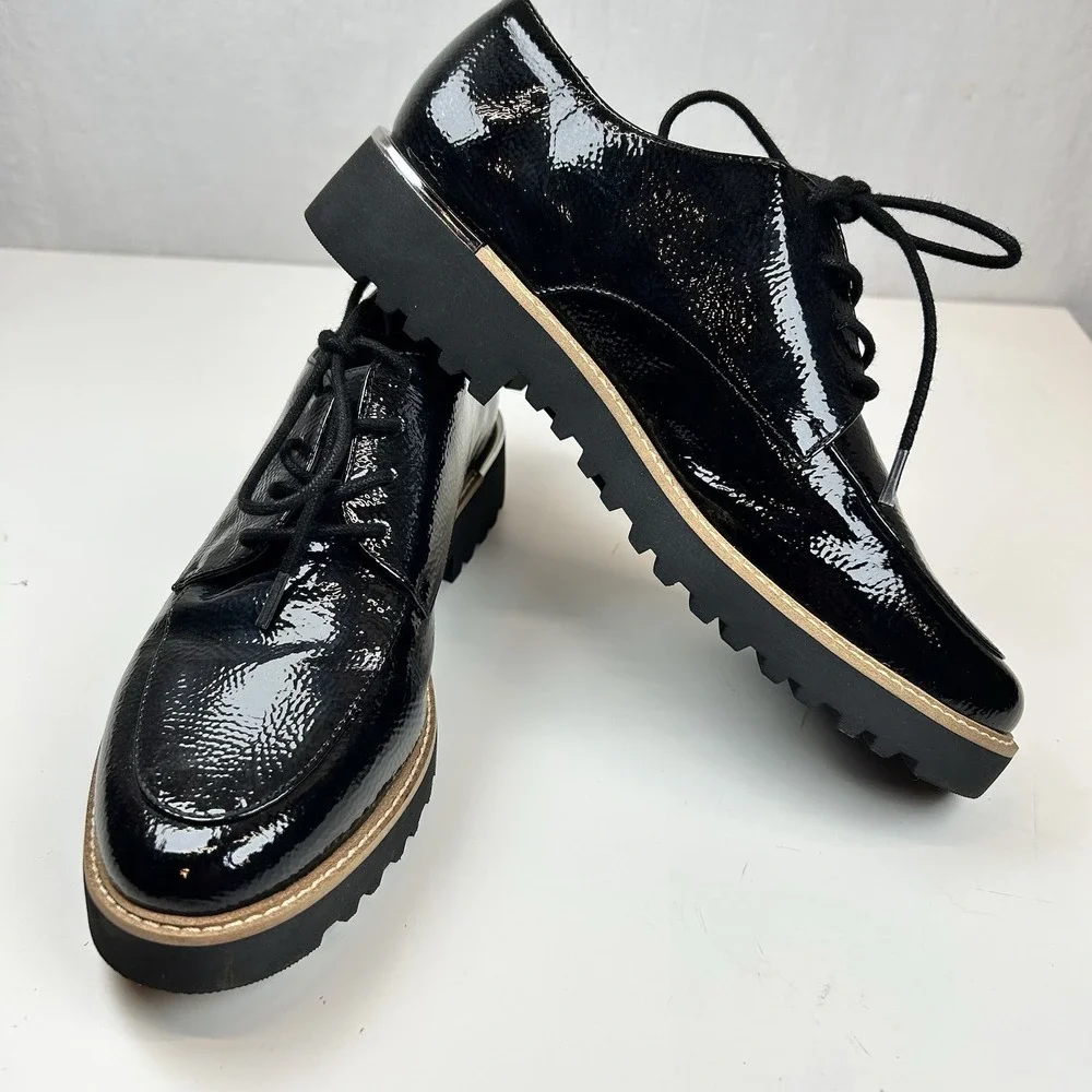 Franco Sarto Charles Shoe 7.5 M Lug Sole Derby Oxford Black Faux Patent Comfort